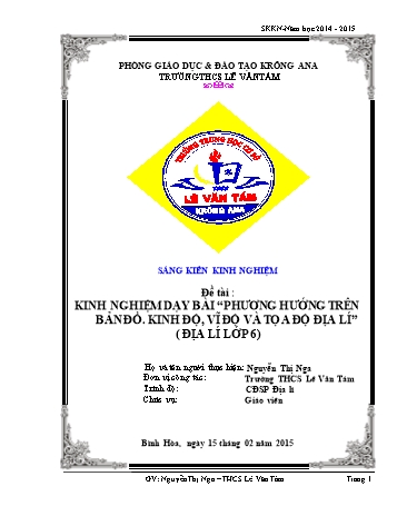 Sáng kiến Kinh nghiệm dạy bài Phương hướng trên bản đồ. Kinh độ, vĩ độ và tọa độ địa lí (Địa lí Lớp 6)