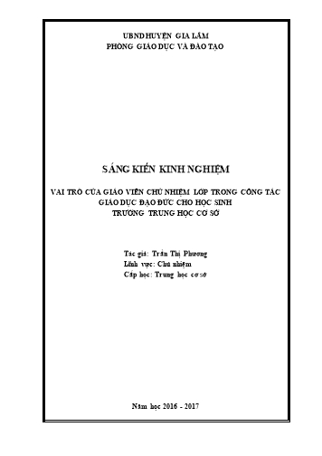 Sáng kiến kinh nghiệm Vai trò của giáo viên chủ nhiệm lớp trong công tác giáo dục đạo đức cho học sinh trường Trung học cơ sở