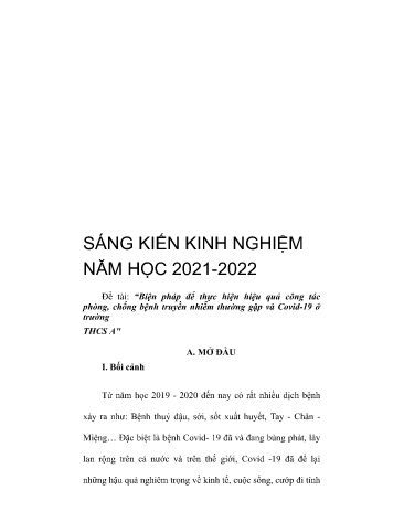 SKKN Biện pháp để thực hiện hiệu quả công tác phòng, chống bệnh truyền nhiễm thường gặp và Covid-19 ở trường THCS A