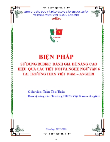 SKKN Biện pháp sử dụng Rubric đánh giá để nâng cao hiệu quả các tiết nói và nghe Ngữ văn 6 tại trường THCS Việt Nam-Angiêri