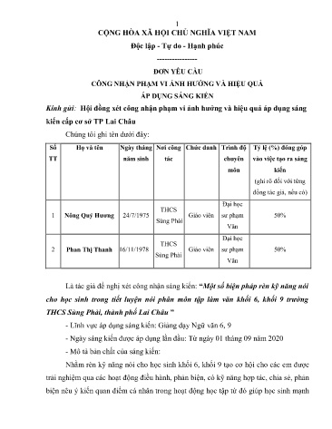 SKKN Một số biện pháp rèn kỹ năng nói cho học sinh trong tiết luyện nói phân môn Tập làm văn Khối 6, Khối 9 trường THCS Sùng Phài, Thành phố Lai Châu