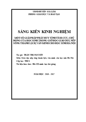 SKKN Một số giải pháp phát huy tính tích cực, chủ động của học sinh trong giờ học giáo dục nếp sống thanh lịch, văn minh cho học sinh Hà Nội