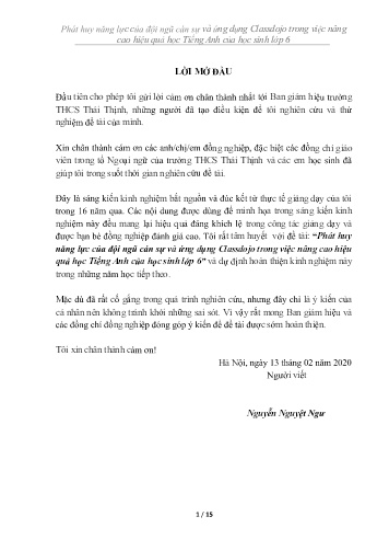 SKKN Phát huy năng lực của đội ngũ cán sự và ứng dụng Classdojo trong việc nâng cao hiệu quả học Tiếng Anh của học sinh Lớp 6