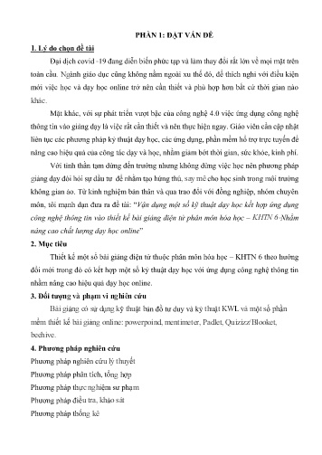 Đề cương SKKN Vận dụng một số kỹ thuật dạy học kết hợp ứng dụng công nghệ thông tin vào thiết kế bài giảng điện tử phân môn Hóa học - KHTN 6 nhằm nâng cao chất lượng dạy học online